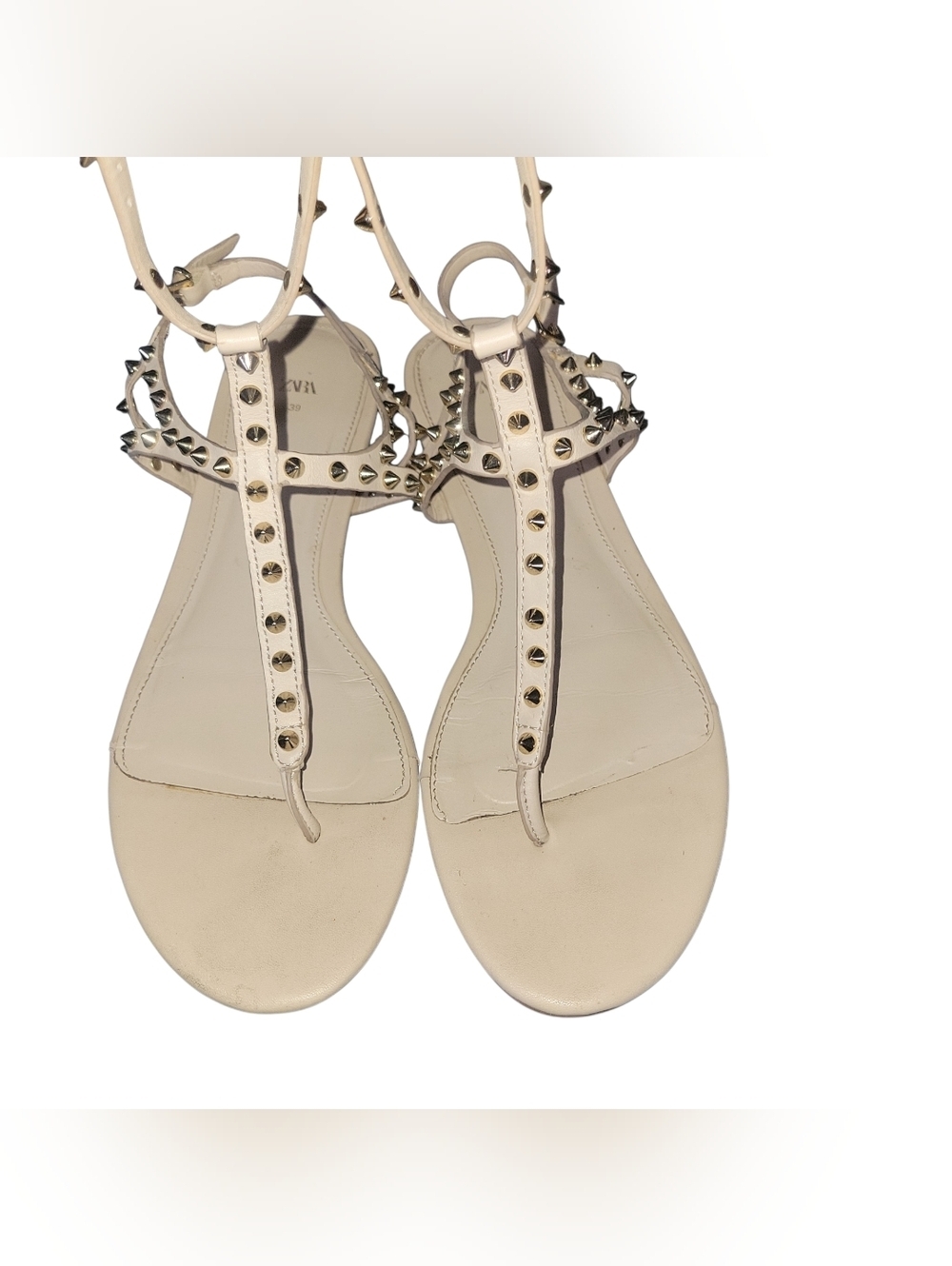 Zara Leather Women's Studded T-Strap Ankle Strap Thong Style Cream Sandals Sz 39 - Picture 8 of 8
